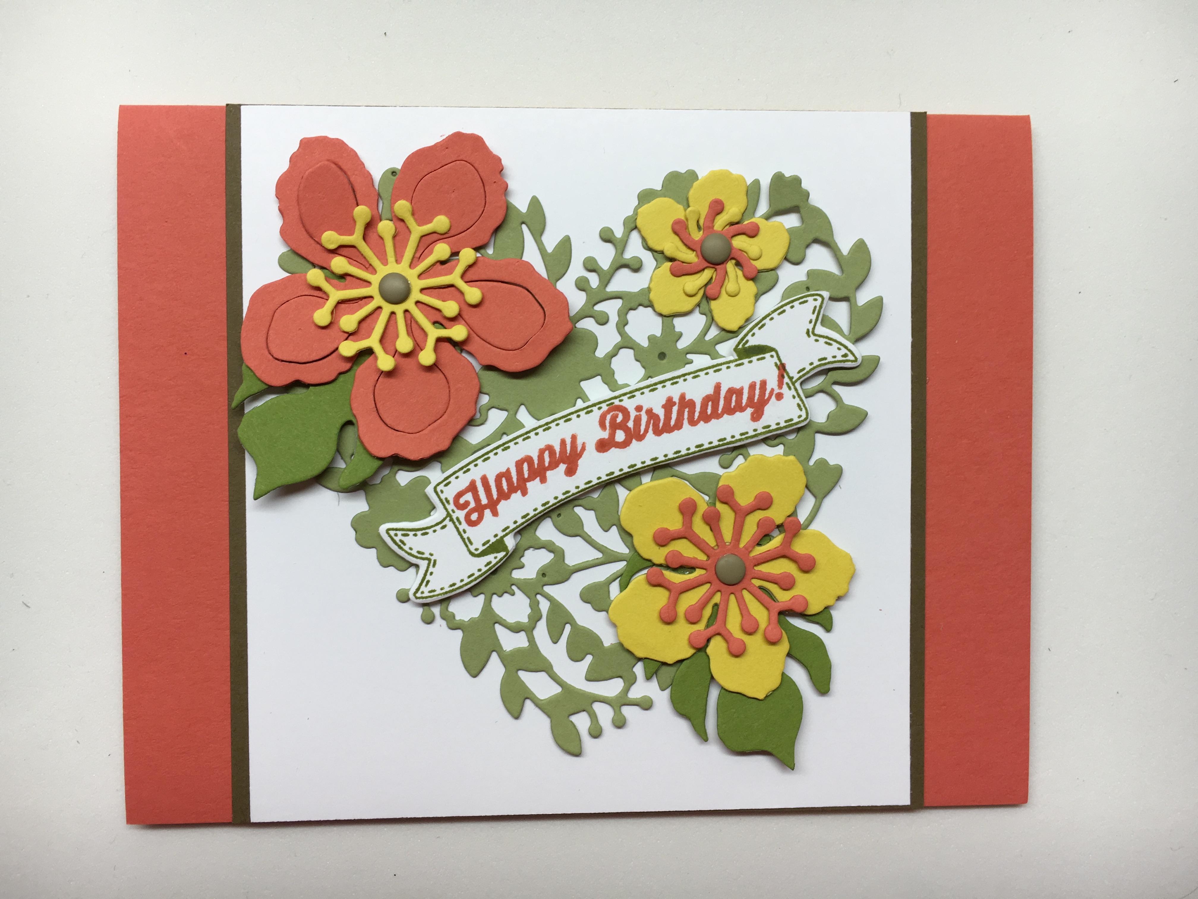 Stampin Up Birthday card idea using Bloomin Heart THinlints, Botanical Builder Framelits, Bunch of Banners Framlelits - Jeanie Stark StampinUp