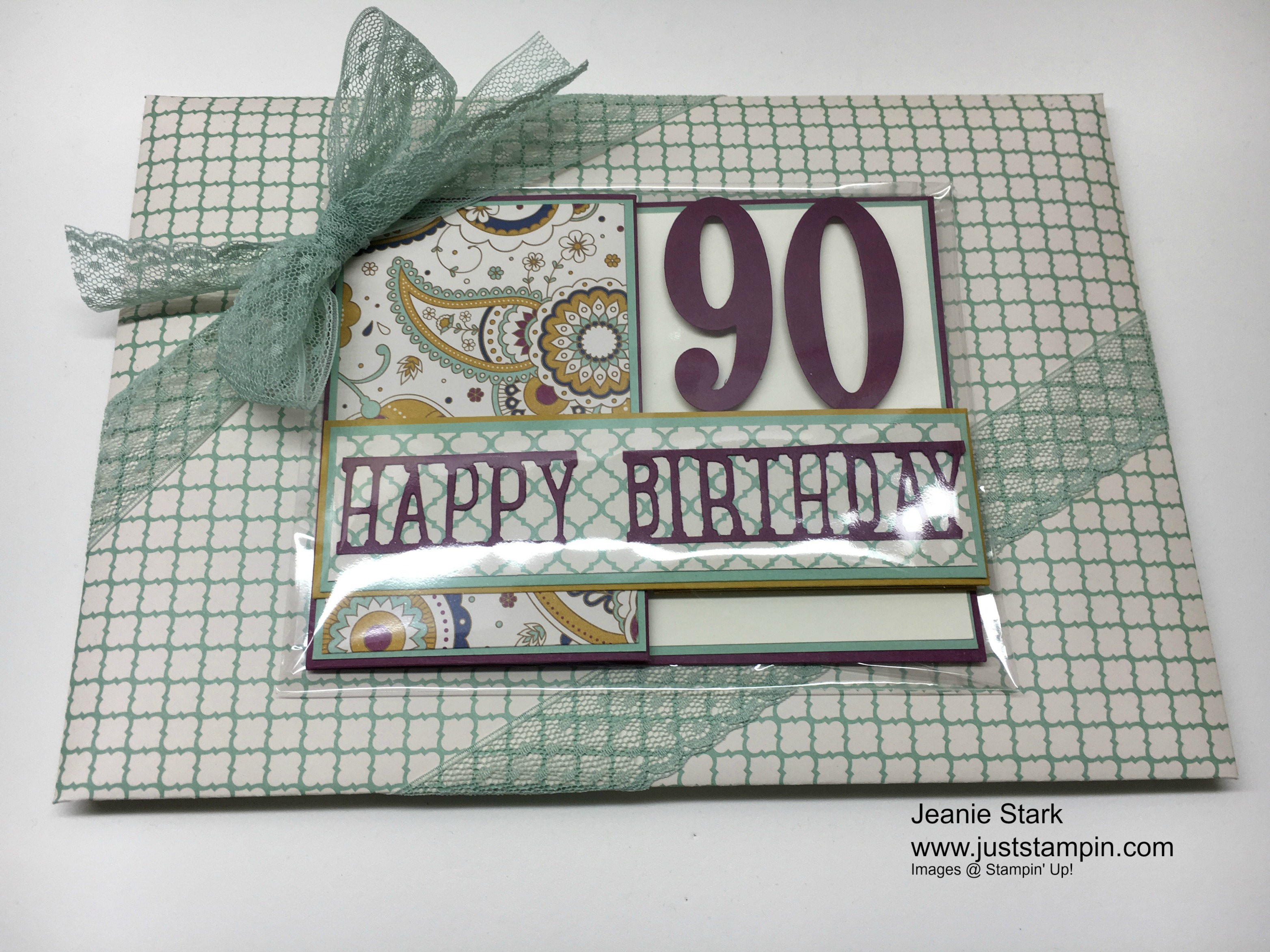 Stampin Up 90th Birthday card idea using Party Pop Up Thinlits and Large Numbers Framelits - Jeanie Stark StampinUp