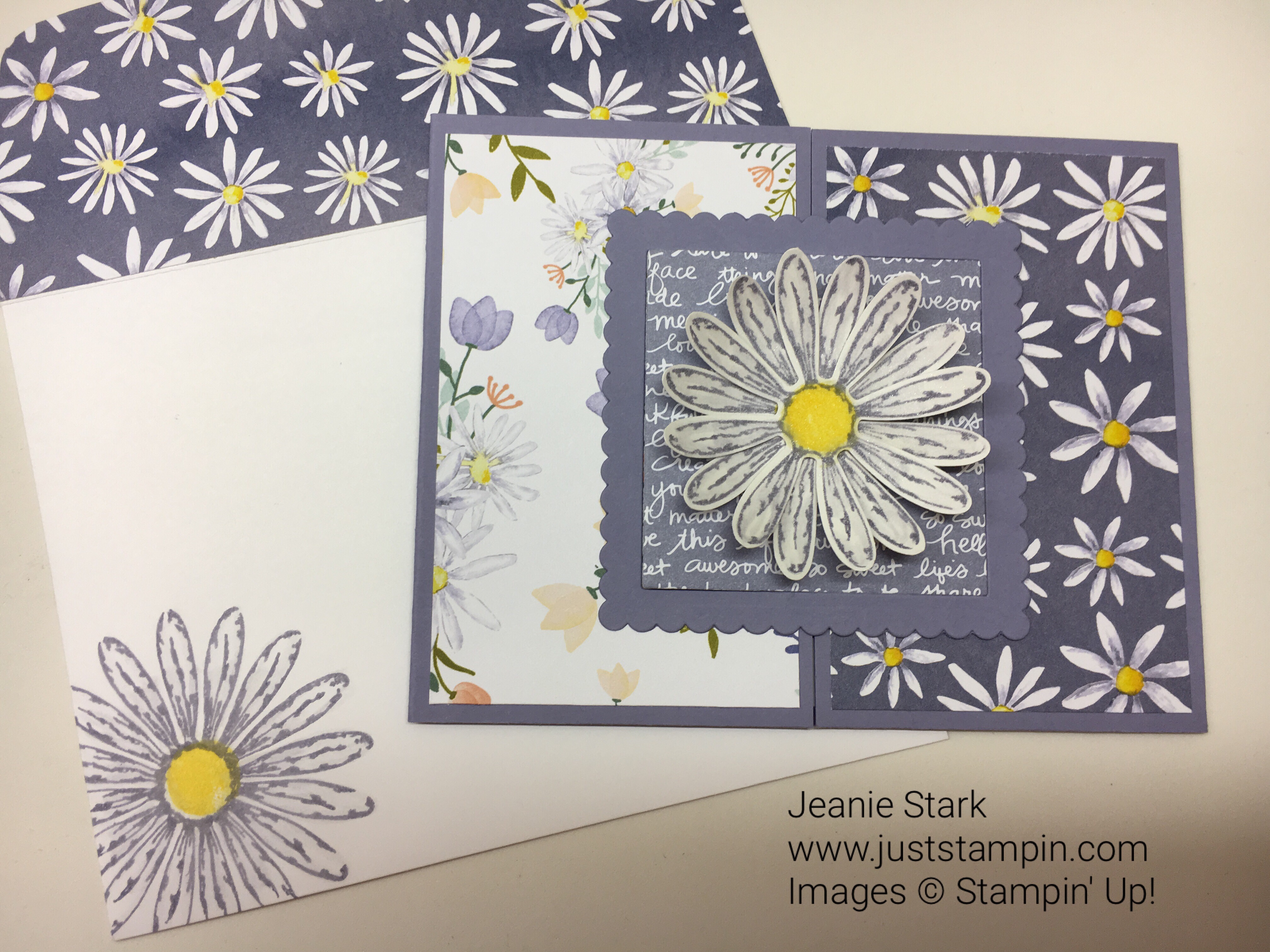 Stampin up fun fold card idea using Daisy Delight stamp set and Delightful Daisy Designer Series Paper -Jeanie Stark StampinUp