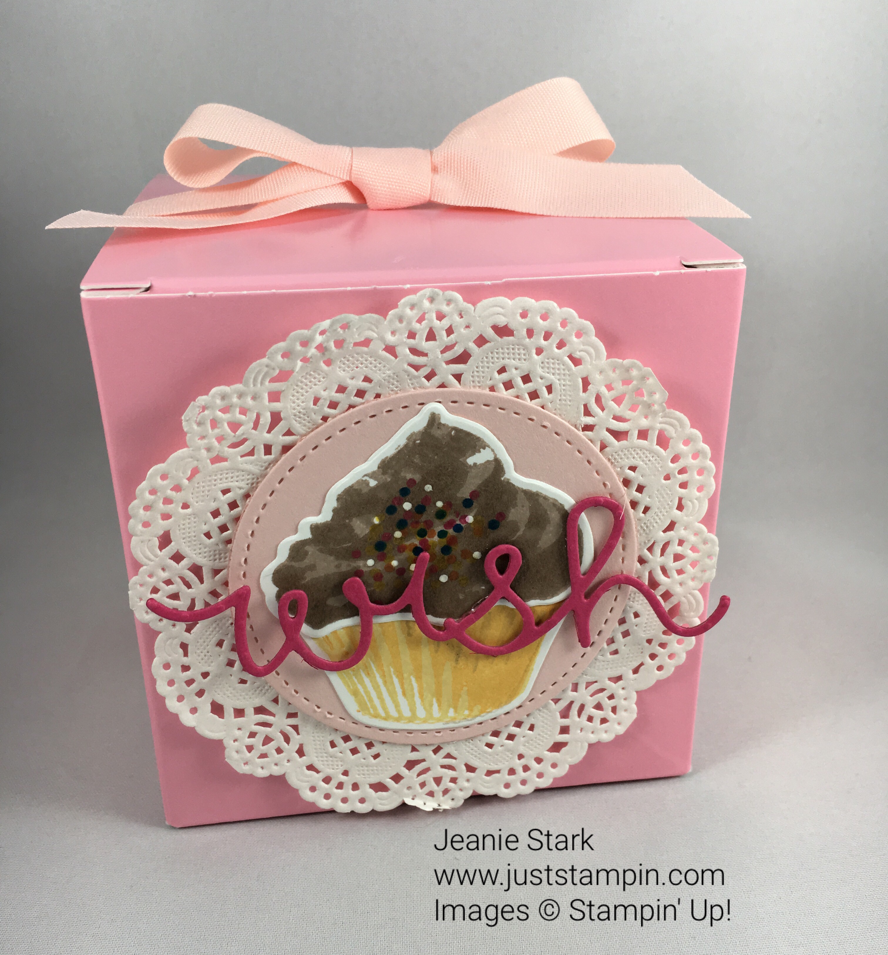 Stampin Up Sweet Cupcake Stamp Set and coordinating Cupcake Cutouts Framelits were used to decorate this cupcake box. For ideas and Stampin' Up! supplies visit www.juststampin.com