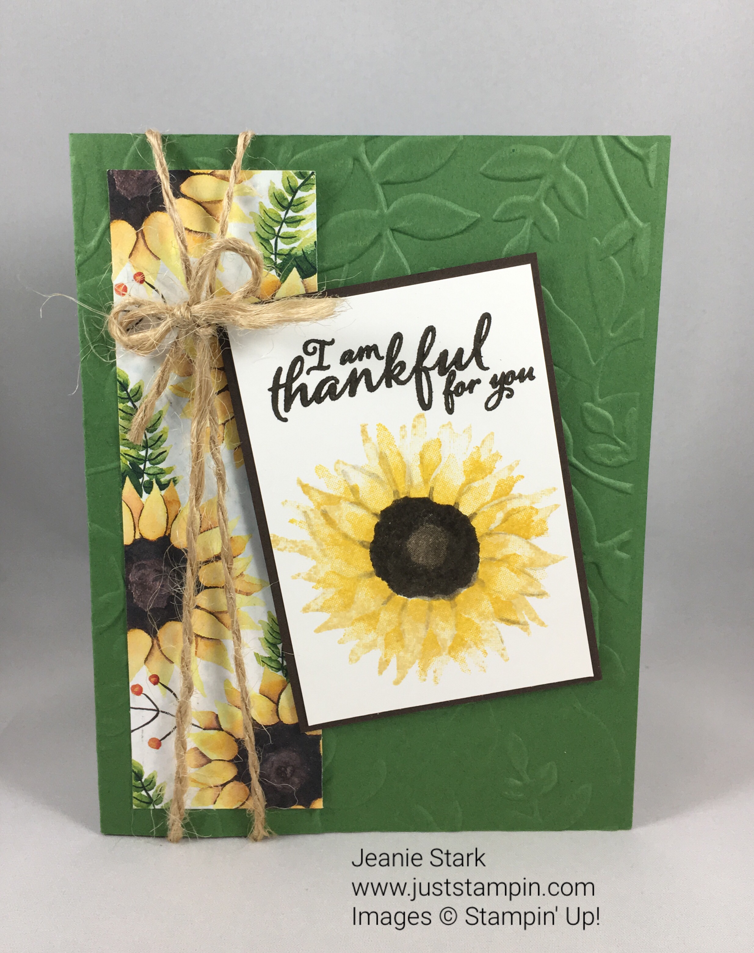 Stampin Up sunflower made with Painted Harvest Stamp Set and Layered Leaves Embossing Folder. For inspiration, directions, and more visit www.juststampin.com