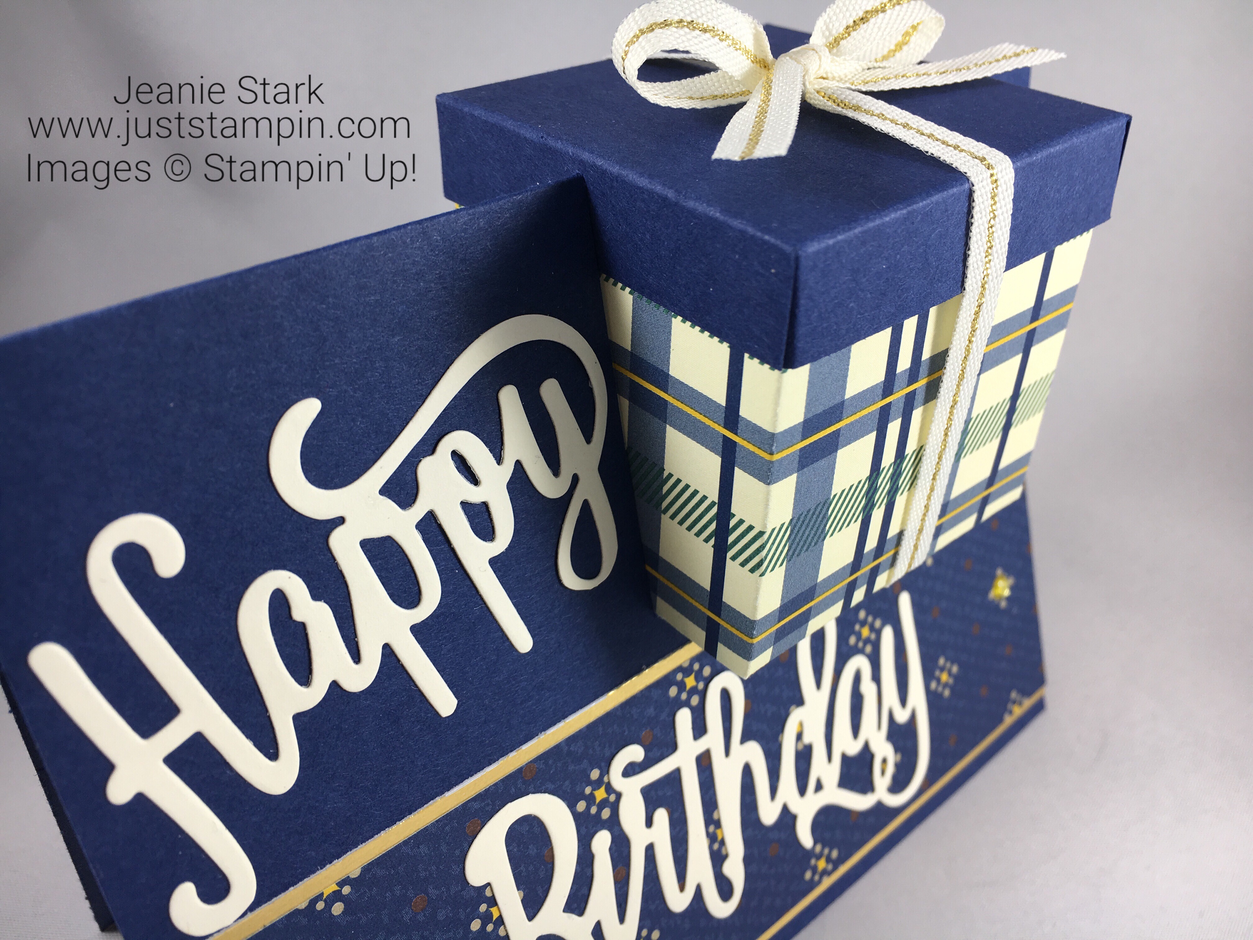 Stampin Up Happy Birthday Thinlits and True Gentleman masculine birthday card and gift box idea - Jeanie Stark StampinUp