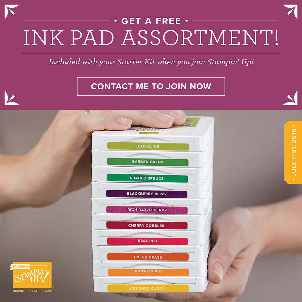 Free Ink pad assortment when you Join Stampin Up in July - Jeanie Stark www.juststampin.com StampinUp