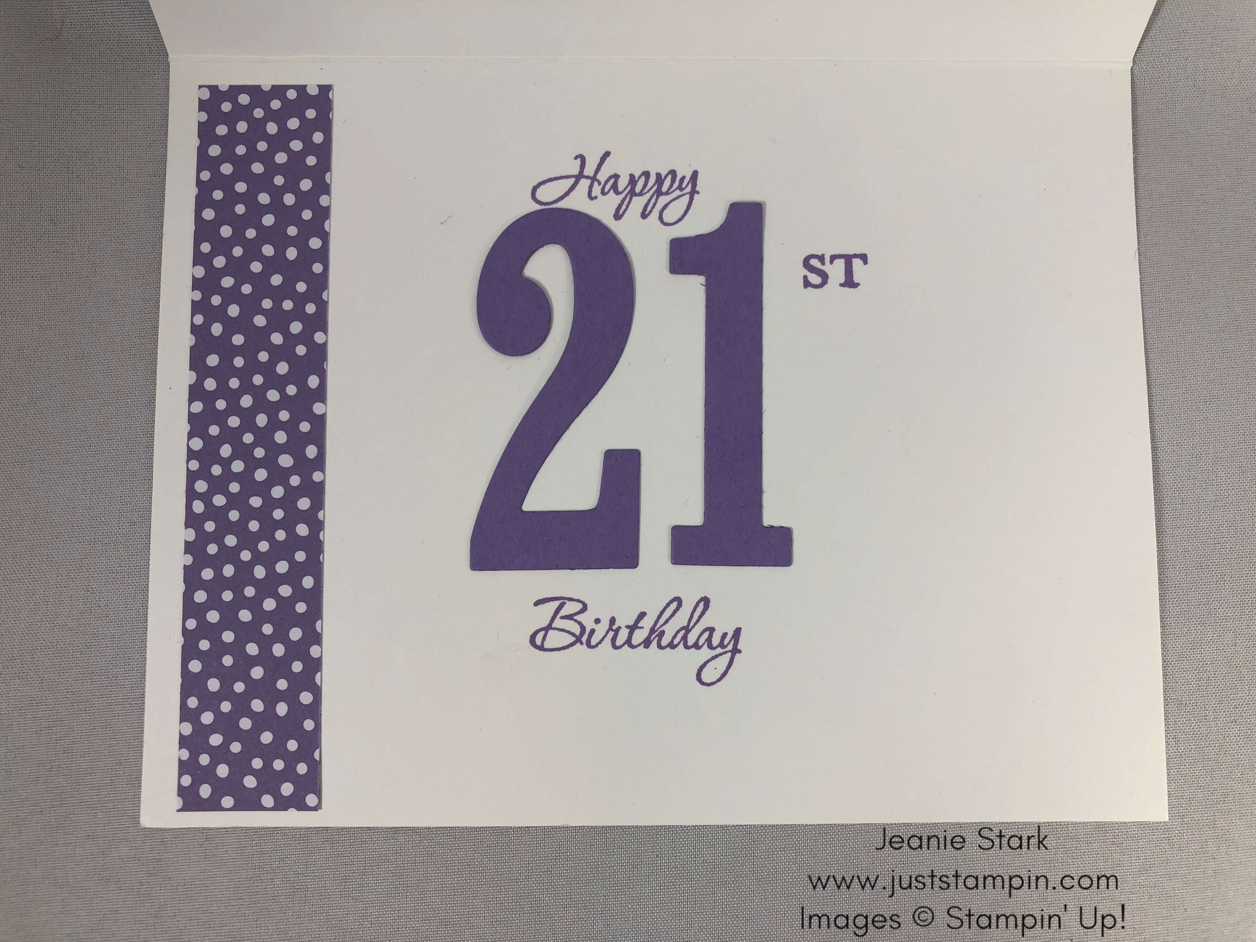 Stampin Up Memorable Moments and Large Number Framelits 21st Birthday card idea- Jeanie Stark StampinUp