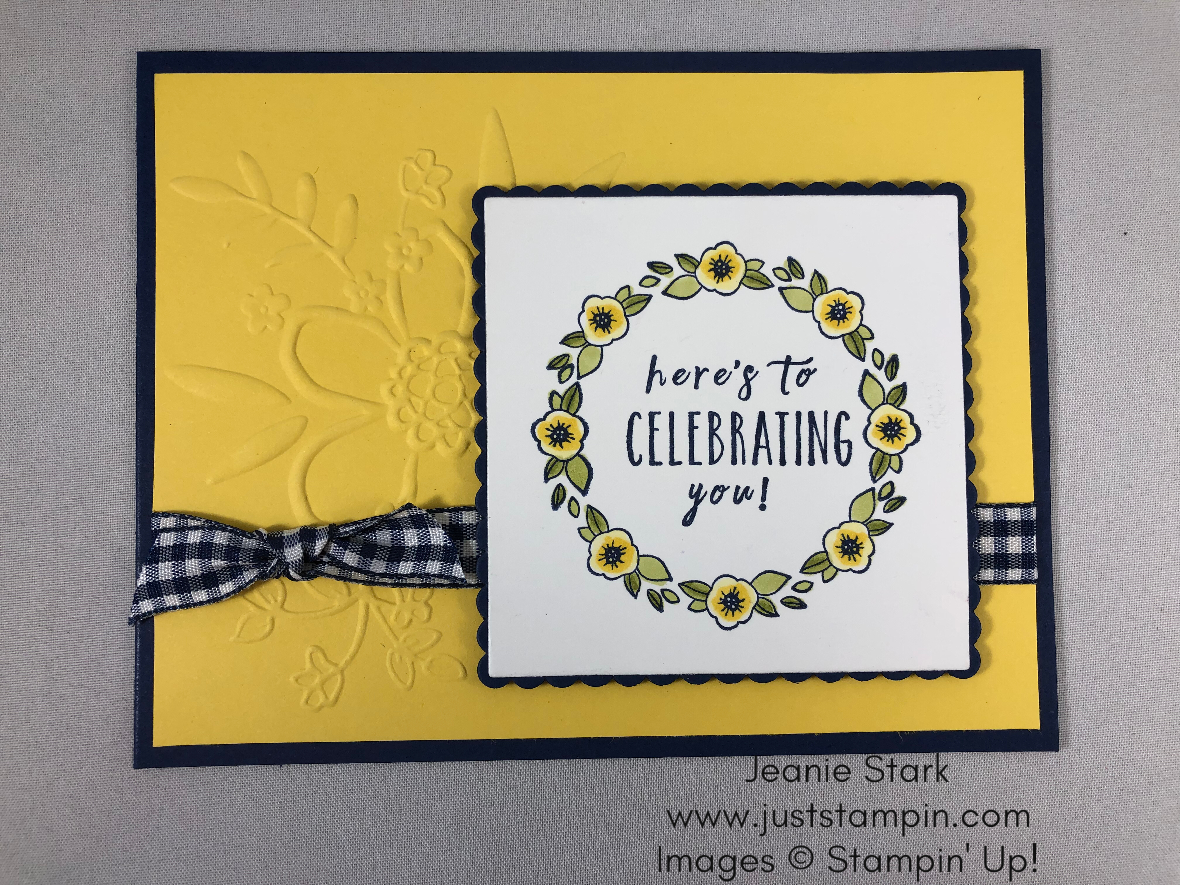 Stampin Up Perennial Birthday and Accented Blooms birthday wreath card idea made using the Stamparatus and Lovely Floral Embossing Folder - Jeanie Stark StampinUp