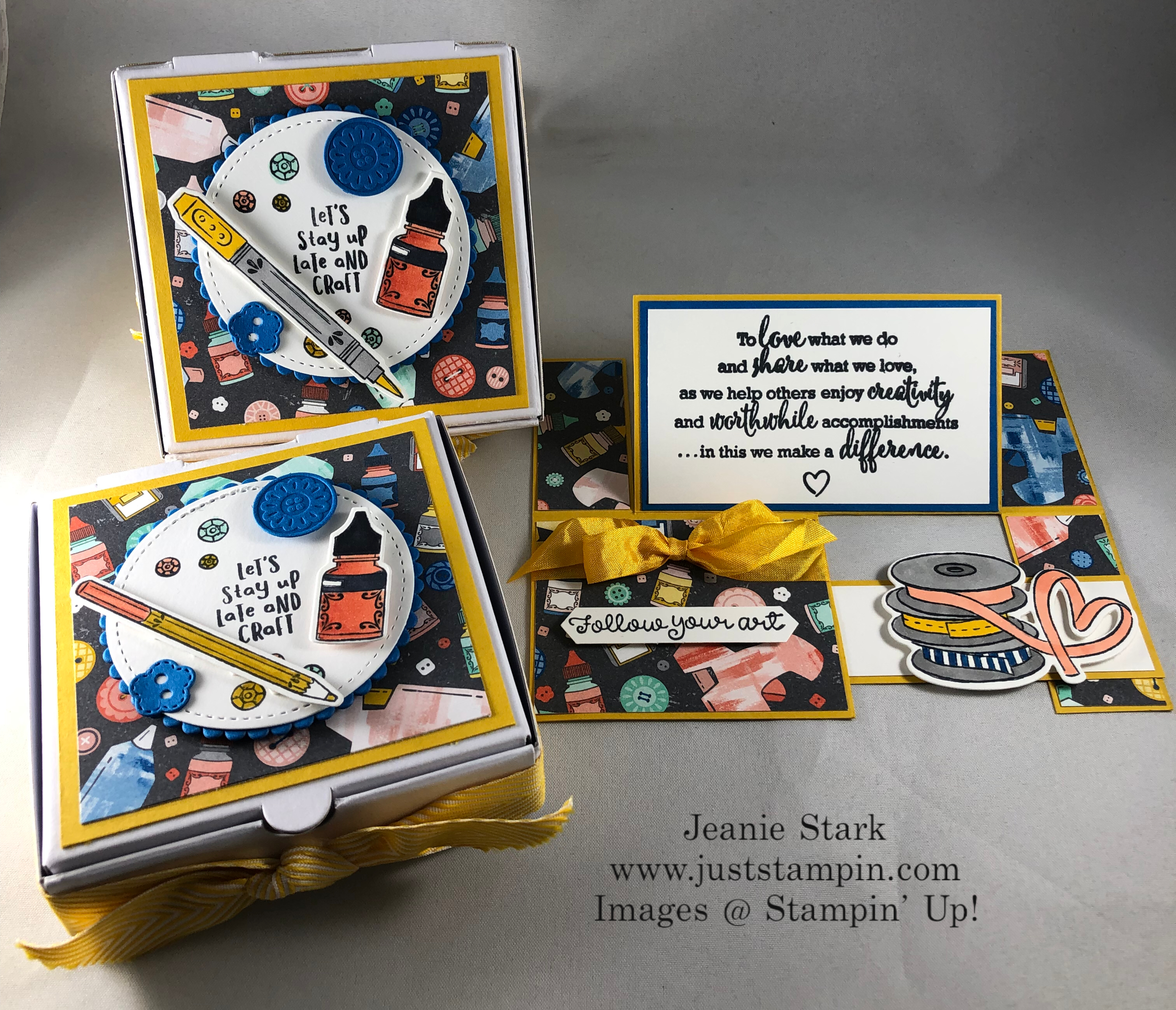 Stampin' Up! It Starts with Art stamp set and Follow Your Art Designer Series Paper Impossible Fun fold card idea and mini pizza box treat holder - Jeanie Stark StampinUp