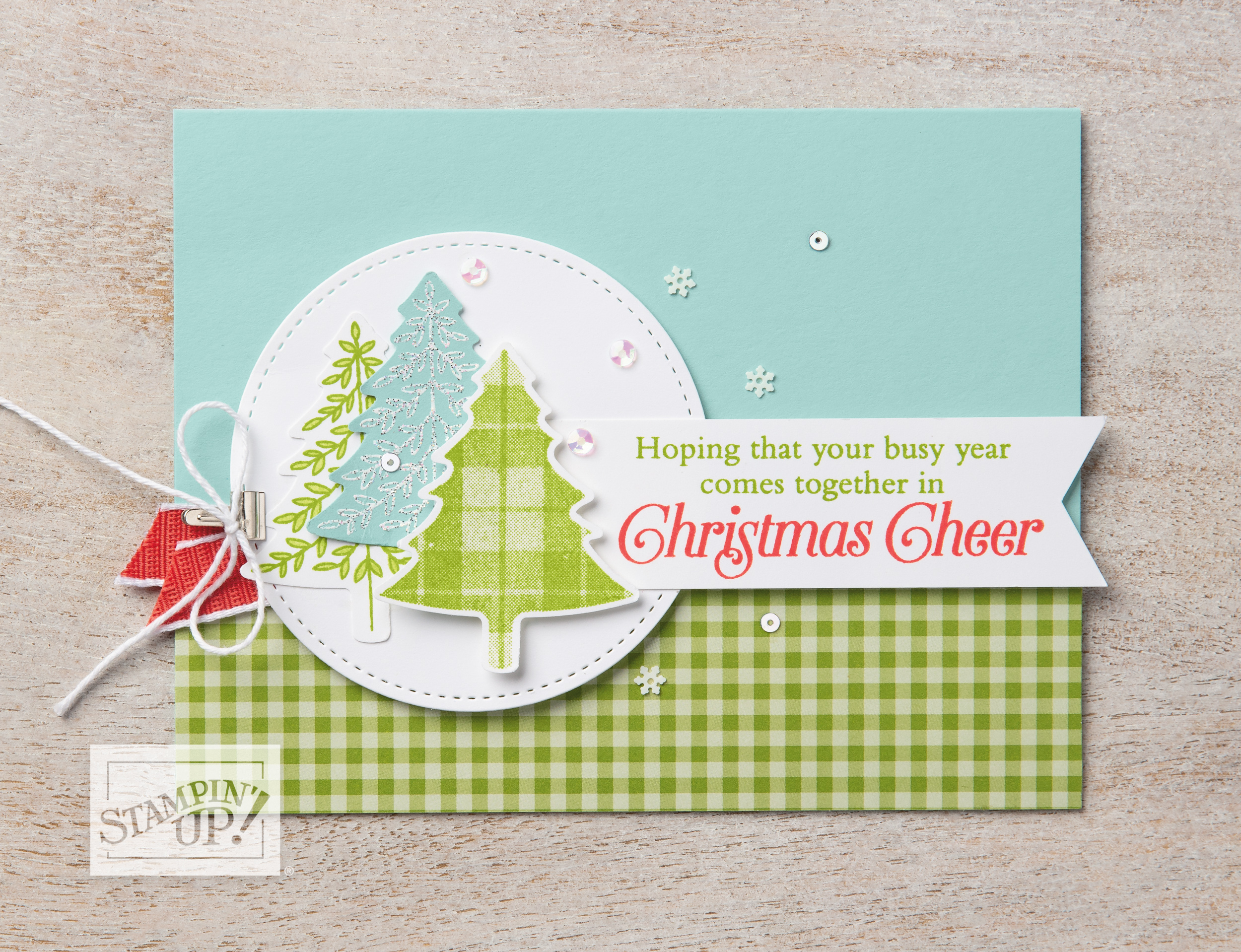 Stampin' Up! Perfectly Plaid Stamp Set and Pine Tree Punch Christmas card idea - For imore inspiration and ordering information, visit juststampin.com - Jeanie Stark StampinUp