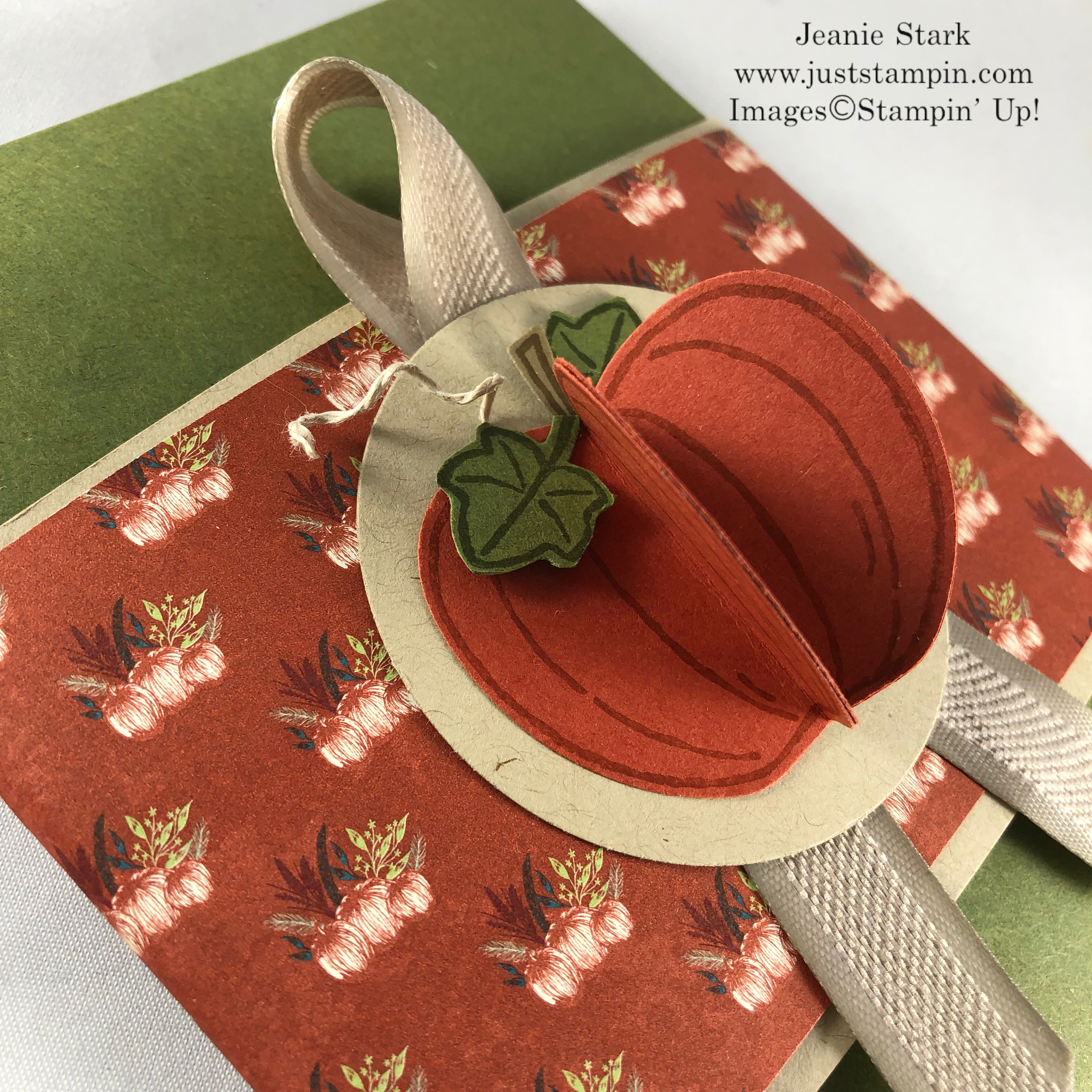 Stampin Up Come To Gather Designer Series Paper, Harvest Hellos Stamp Set and Apple Builder Punch make this 3D pumpkin tag and gift packaging with the Envelope Punch Board - Jeanie Stark StampinUp