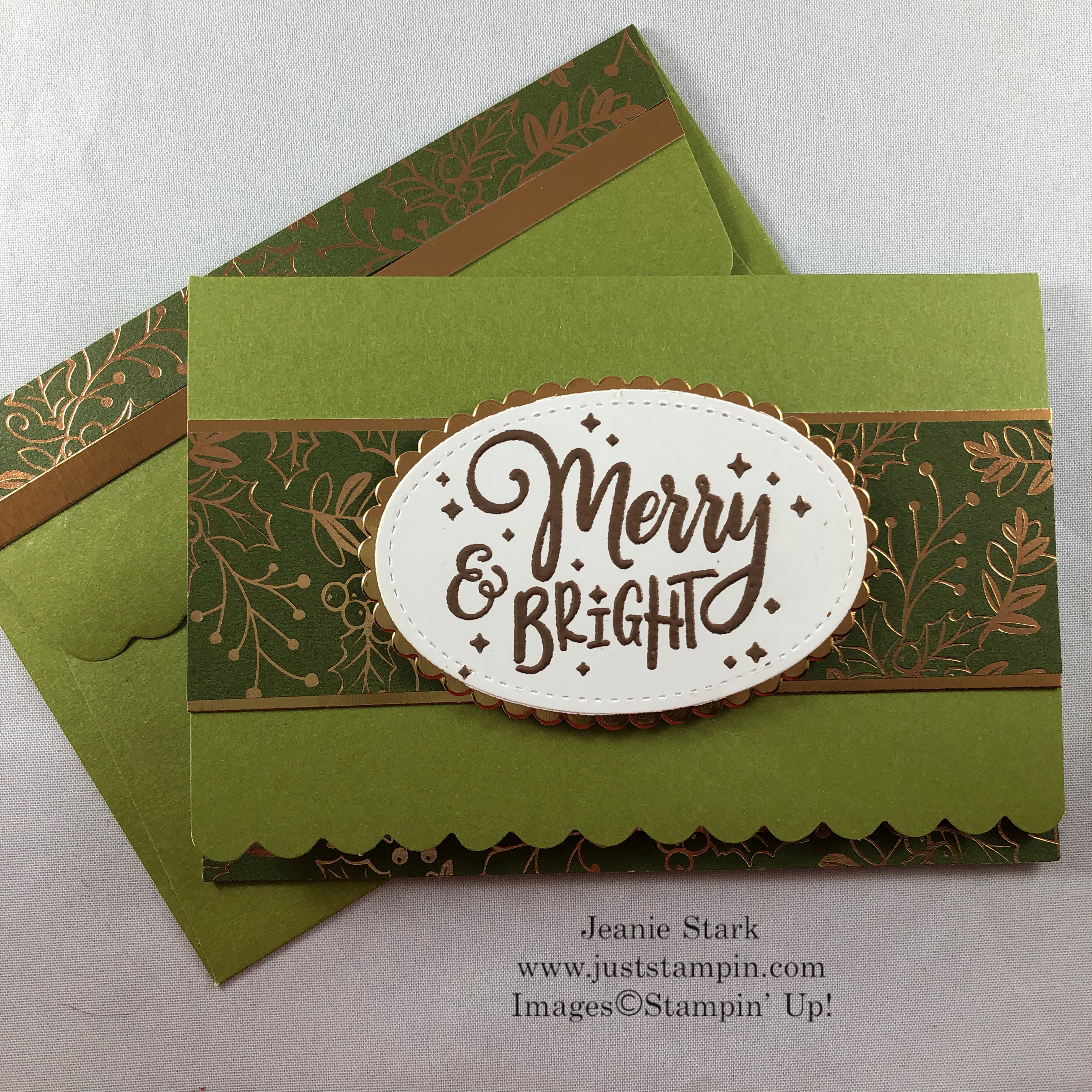 Stampin' Up! Everything Festive Holiday card idea using Scalloped Note Cards & envelopes and Brightly Gleaming Specialty Designer Series Paper - Jeanie Stark StampinUp