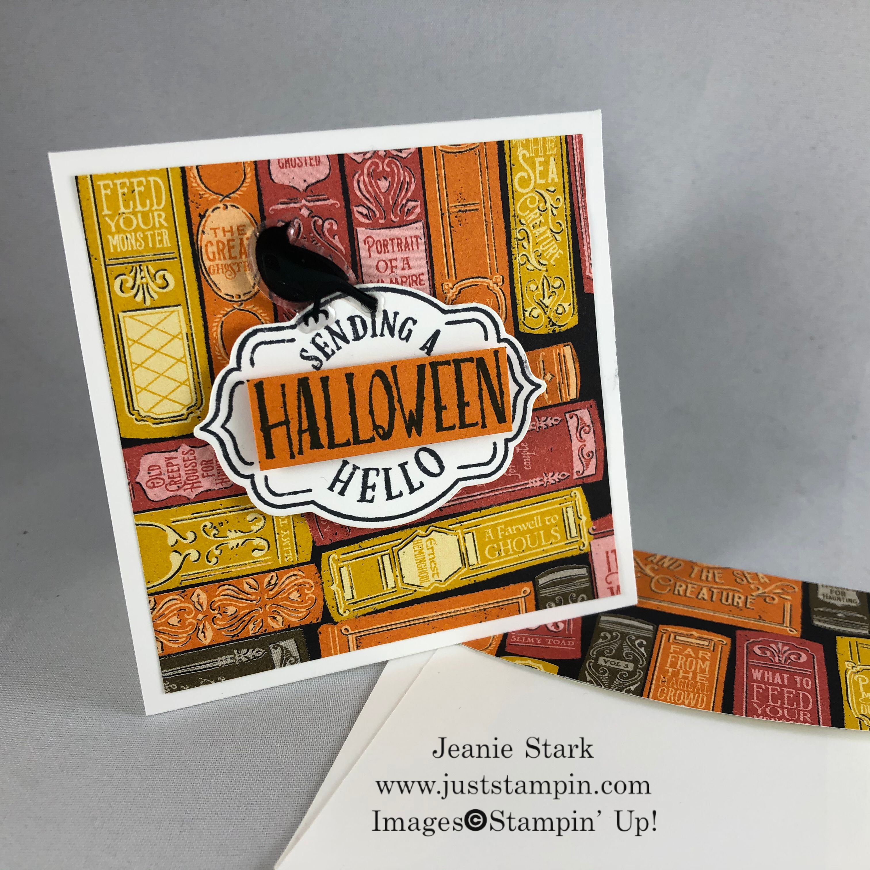 Stampin' Up! Tags Tags Tags Bundle and Monster Bash Designer Series Paper 3 x 3 Halloween note card idea - Jeanie Stark StampinUp