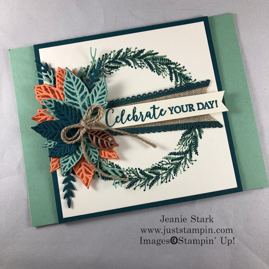 Stampin\' Up Gathered Leaves Dies and Tidings All Around Wreath for a fun fold fall birthday card idea - Jeanie Stark StampinUp