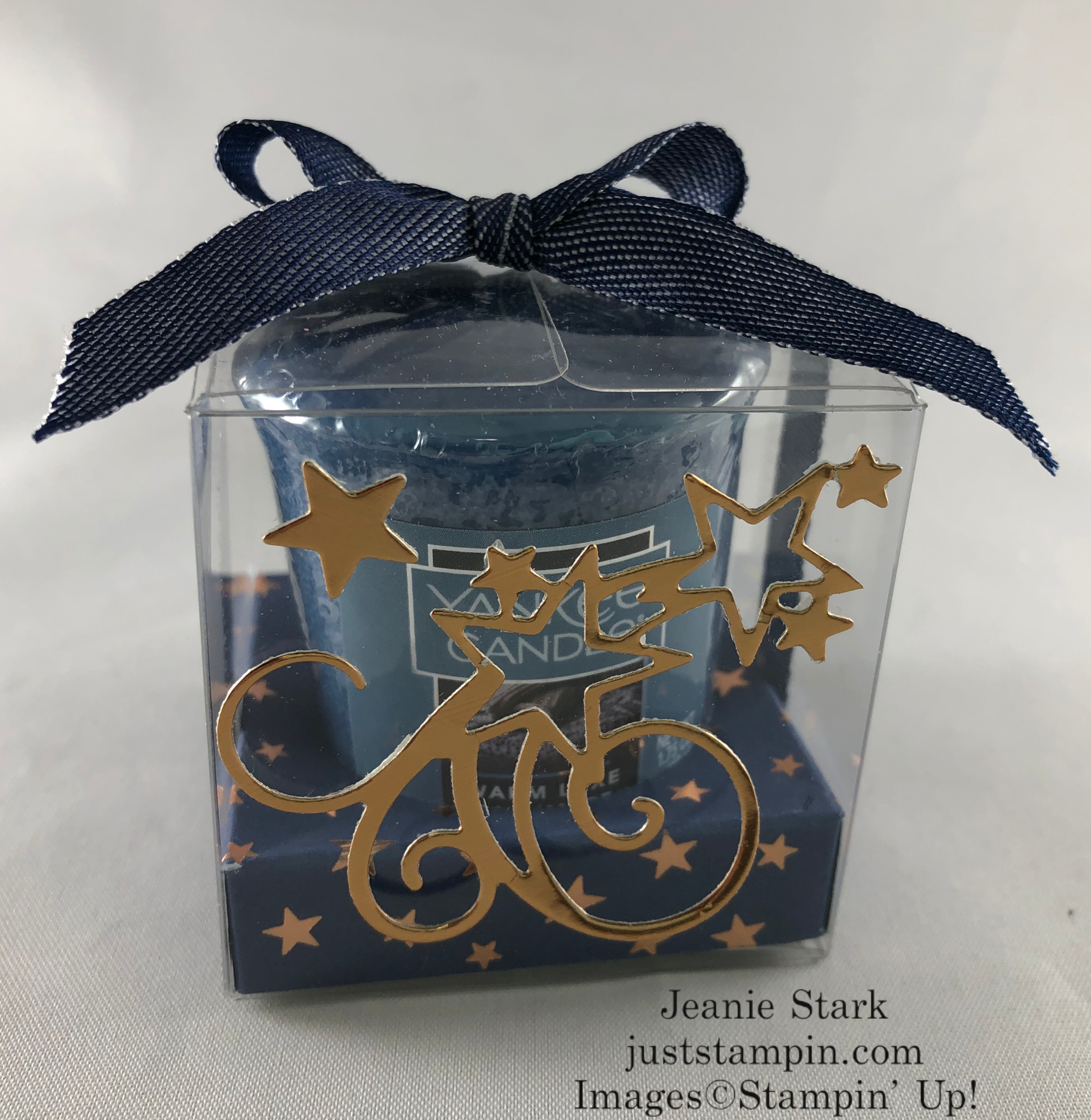 Stampin Up! Stitched Stars Clear Treat Box Yankee candle gift idea with Brightly Gleaming Designer Series Paper - Jeanie Stark StampinUp