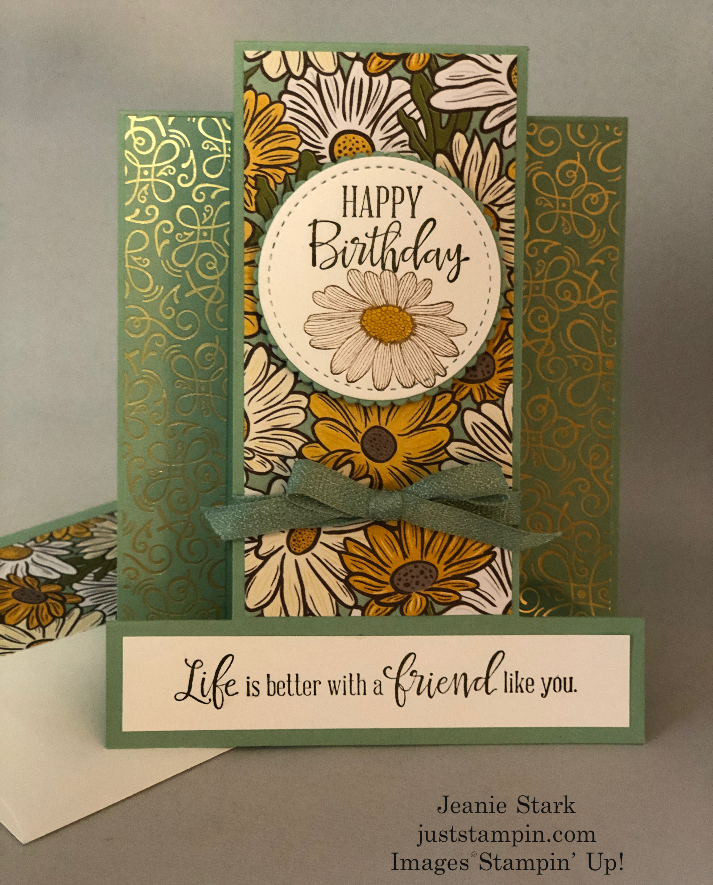 Stampin' Up! Peaceful Moments Fun Fold Birthday card idea with Ornate Garden DSP - Jeanie Stark StampinUp