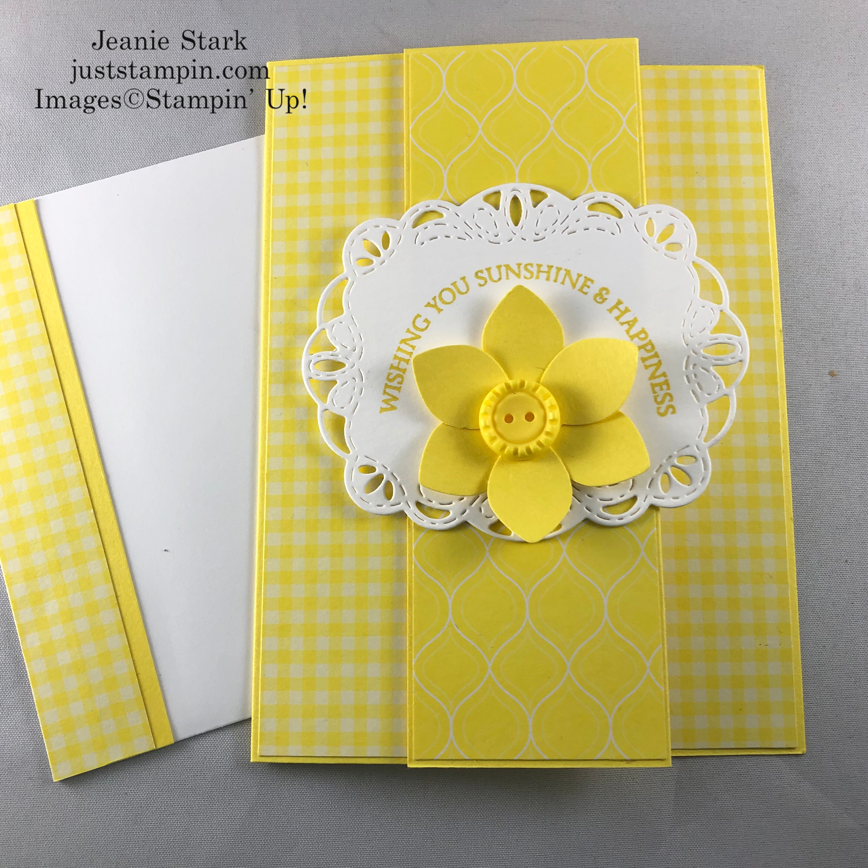 Stampin' Up! Honey Bee Stamp Set, Perennial Punch, and Stitched Labels Dies 2018-2020 In Color Pineapple Punch fun fold all occasion card idea - Jeanie Stark StampinUp 