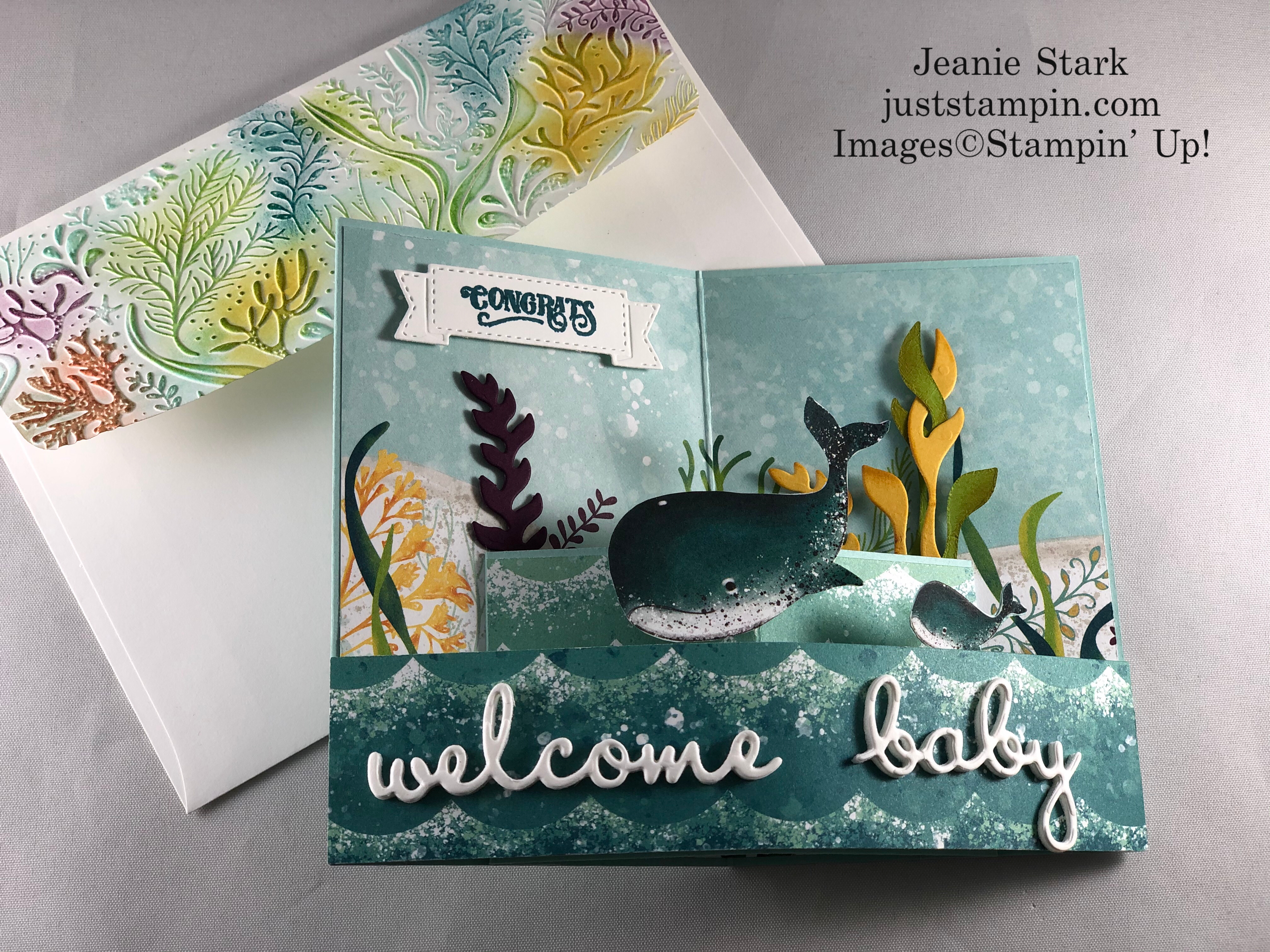 Stampin' Up! Whale of A Time fun fold baby card idea with Well Written Dies - Jeanie Stark StampinUp