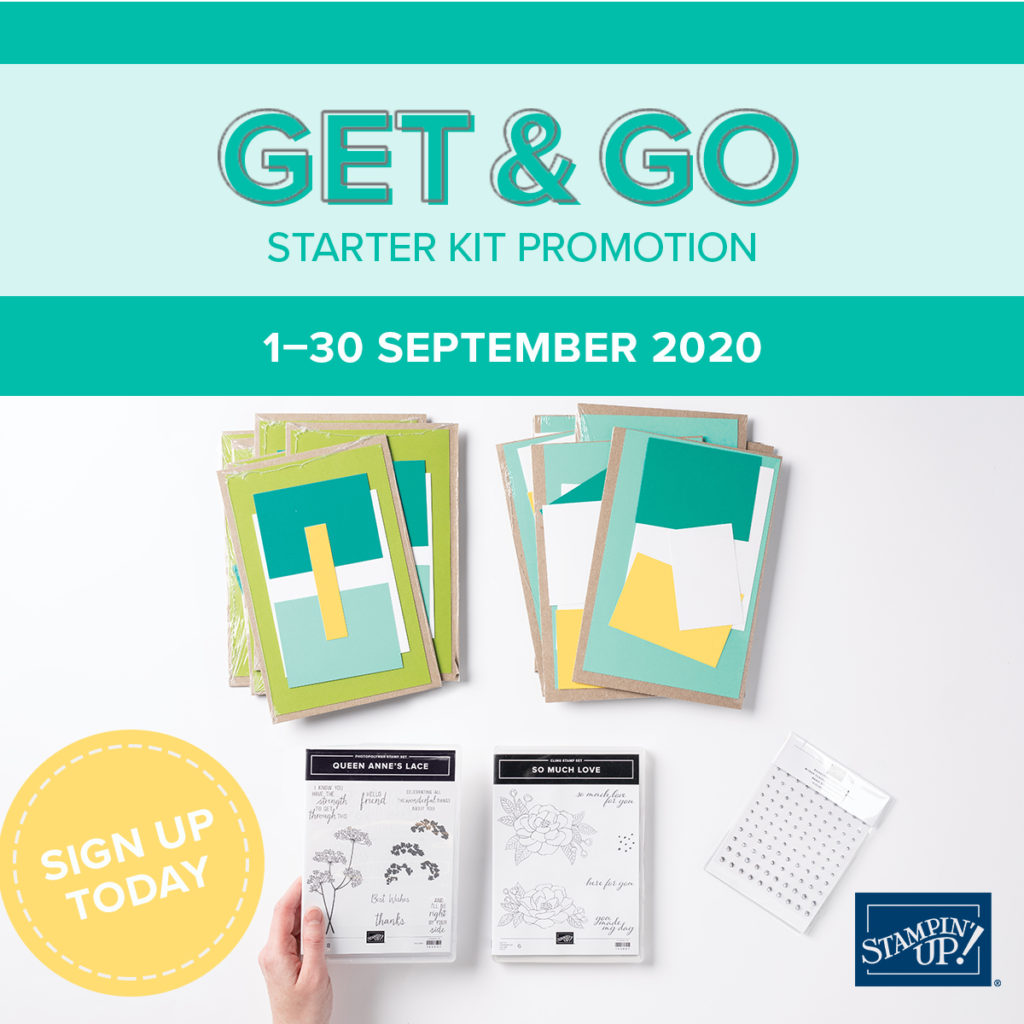 Stampin' Up! Get & Go Starter Kit Promotion - Join my team Sept. 1-30 and earn 2 free stamp sets plus cardstock pieces to create 16 cards - visit juststampin.com for more informaton - Jeanie Stark StampinUp