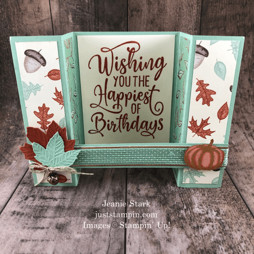 Stampin' Up! Happiest of Birthdays and Gathered Leaves fun fold fall birthday card idea - Jeanie Stark StampinUp