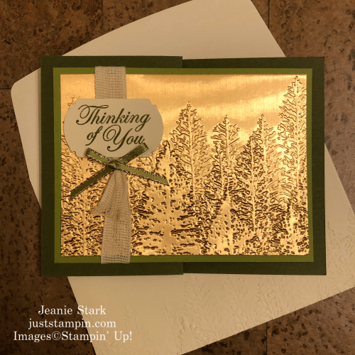 Stampin' Up! Evergreen Forest Brushed Metallic Embossed Thinking of You fun fold card idea - Jeanie Stark StampinUp