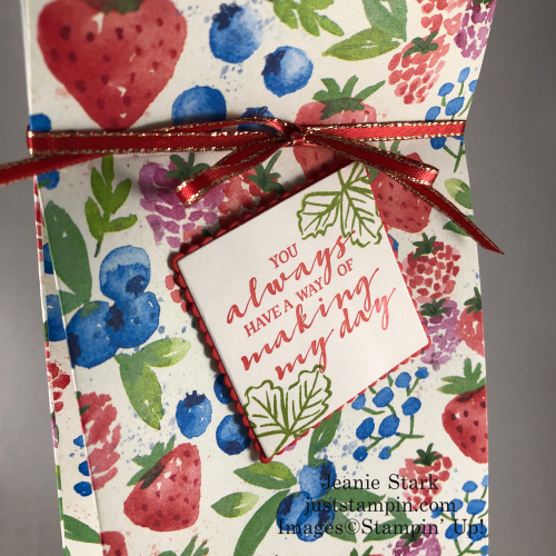 Stampin' Up! Berry Blessings and Berry Delightful Designer Series Paper strawberry bag tutorial for Bath & Body Works lotion - Jeanie Stark StampinUp