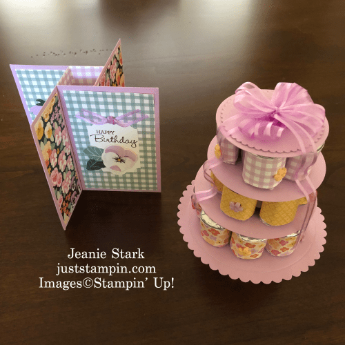 Stampin' Up! Pansy Patch and Pansy Petals fun fold pinwheel tower birthday card idea and Hershey nugget cake- Jeanie Stark StampinUp