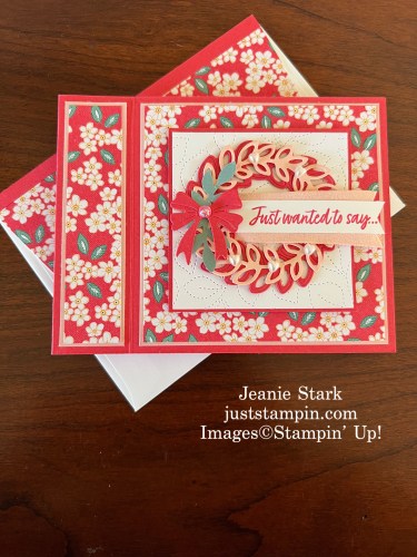 Stampin' Up! Cottage Wreaths Dies and Country Bouquet fun fold valentine card idea- Jeanie Stark StampinUp