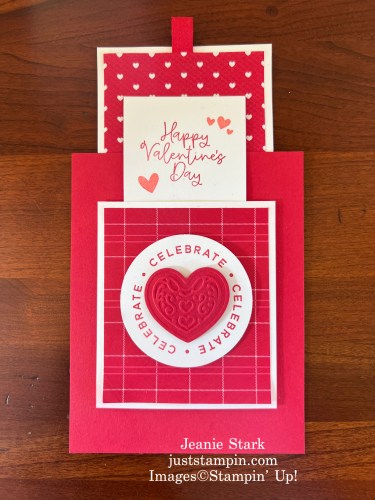 Stampin' Up! Circle Sayings and Bee My Valentine fun fold double slider card with Adoring Hearts Hybrid Embossing Folder-Jeanie Stark StampinUp