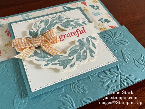 Stampin' Up! Cottage Wreaths, Fall Leaf embossing and Inked Botanicals fun fold card idea-Jeanie Stark StampinUp