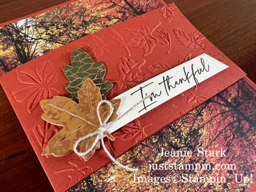 Stampin' Up! Autumn Leaves with Leaf Fall 3D Embossing Folder and All About Autumn Designer Series paper fun fold Thank you card idea-Jeanie Stark StampinUp
