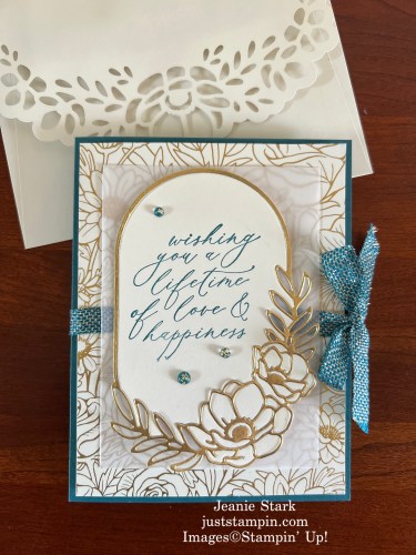 Stampin' Up! Lifetime of Love Gold Foiled Flowers Cards & Envelopes fun fold wedding card idea with pop up gift card/money holder-Jeanie Stark StampinUp