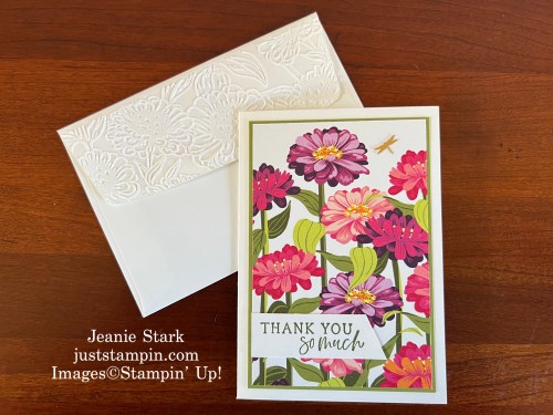 Stampin' Up! Flowering Zinnias embossed thank you notecard idea-Jeanie Stark StampinUp