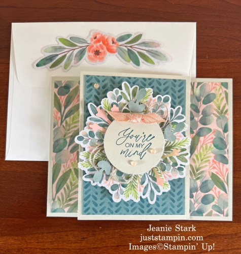 Stampin' Up! Comforting Thoughts fun fold card using Frames & Flowers Designer Series Paper-Jeanie Stark StampinUp