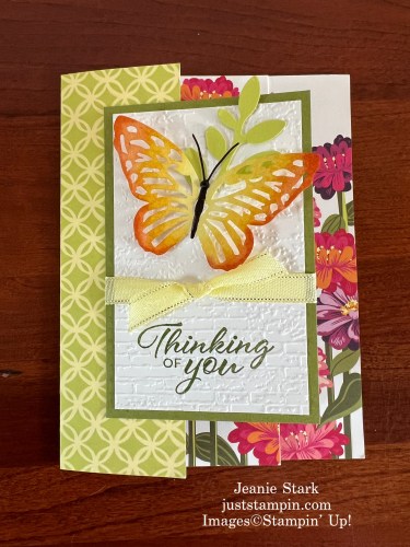 Stampin' Up! Layering Leaves and Flowering Zinnias Thinking of You fun fold card idea-Jeanie Stark StampinUp
