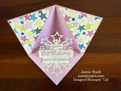 Stampin' Up! Triangle Corner Pop Up Birthday Card with Wanted to Say Dies, Birthday Blast Dies, and Bright & Beautiful Designer series Paper-Jeanie Stark StampinUp