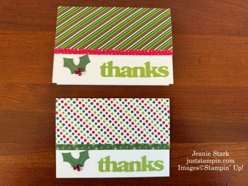 Stampin' Up! Thank you note cards with Hang An Ornament Dies, Paper Pumpkin Thanks & Beyond Dies, and Take a Bow Designer Series Paper-Jeanie Stark StampinUp