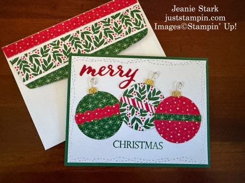 Stampin' Up! Merry Ornaments Christmas card idea with Take a Bow Designer series Paper and Paper Pumpkin and Hang an Ornament Dies-Jeanie Stark StampinUp