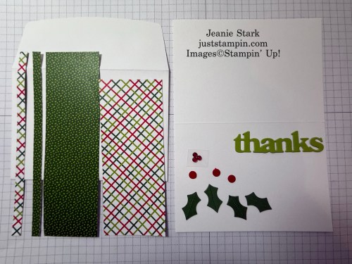 Stampin' Up! Thank you note card kit with Hang An Ornament Dies, Paper Pumpkin Thanks & Beyond Dies, and Take a Bow Designer Series Paper-Jeanie Stark StampinUp