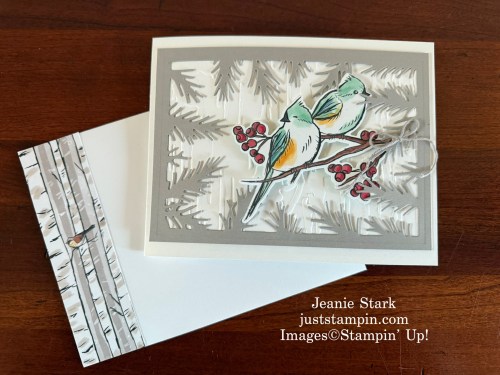 Stampin' Up! Winterly Tree Tops fun fold winter, Christmas, or New Year's card idea with Nests of Winter and Birch Wood 3D Embossing Folder-Jeanie Stark StampinUp