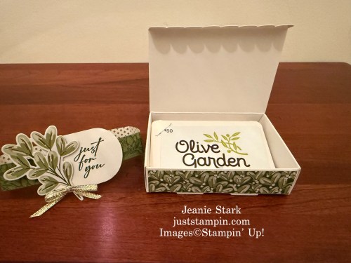Stampin' Up! Scalloped Gift Card Box with Season of Green & Gold Specialty Designer Series Paper, Golden Greenery Dies, and Unbounded Love Stamp Set-Jeanie Stark StampinUp