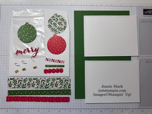 Stampin' Up! Merry Ornaments card kit with Take a Bow Designer series Paper and Paper Pumpkin and Hang an Ornament Dies-Jeanie Stark StampinUp