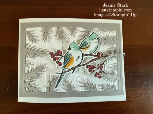 Stampin' Up! Winterly Tree Tops fun fold winter, Christmas, or New Year's card idea with Nests of Winter and Birch Wood 3D Embossing Folder-Jeanie Stark StampinUp