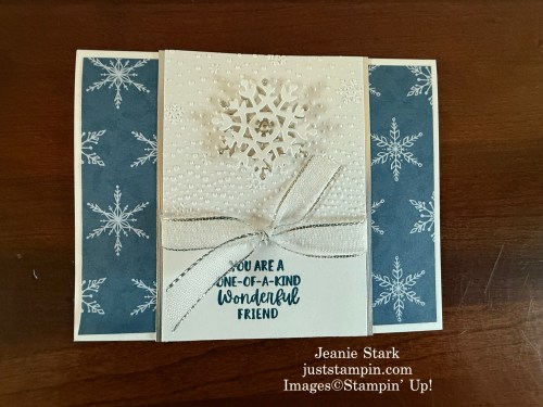 Stampin' Up! One of A Kind snowflake card for a friend with Iconic Celebrations Designer Series Paper and Snowflake Sky 3D Embossing Folder-Jeanie Stark StampinUp