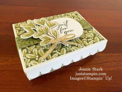 Stampin' Up! Scalloped Gift Card Box with Season of Green & Gold Specialty Designer Series Paper, Golden Greenery Dies, and Unbounded Love Stamp Set-Jeanie Stark StampinUp