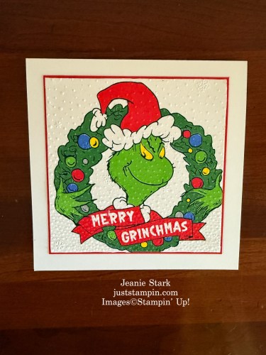 Stampin' Up! Grinch card created using the napkin technique with the Snowflake Sky 3D embossing folder-Jeanie Stark StampinUp