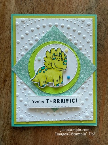 Stampin' Up! Darling Dinos Bundle and Dotted Circles 3D Embossing Folder birthday card idea-juststampin.com