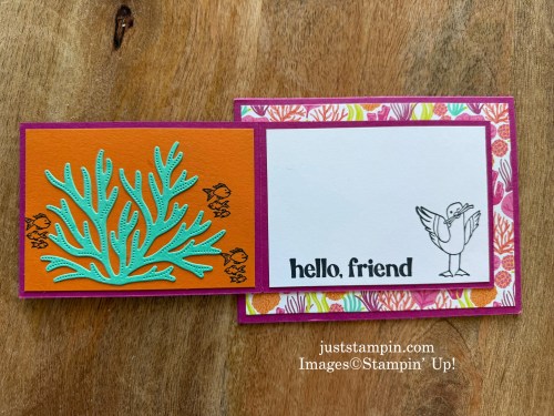 Stampin' Up! Friends of the Ocean Designer Series Paper and Ocean Friends Bundle fun fold card idea with Friendly Seagulls stamp set-juststampin.com