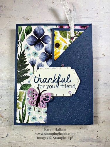Stampin' Up! You are Remarkable and Thankful Garden Stamp Sets, and Floral Impressions Designer Series Paper fun fold bookmark card for a friend-www.juststampin.com