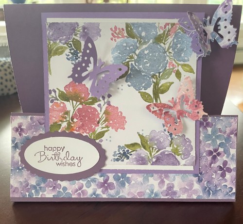 Stampin' Up! fun fold birthday card idea with Hydrangea Hill Designer Series Paper-visit juststampin.com for more handmade inspiration and ordering information-Jeanie stark StampinUp
