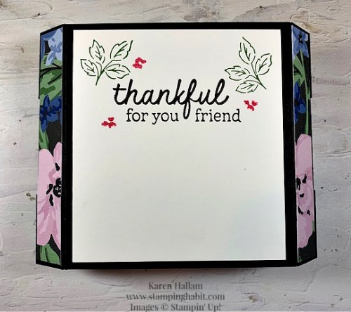 Stampin' Up! Thankful Garden Bundle with Decorative masks used to create this bandstand pop up fun fold card-visit juststampin.com for inspiration and more handmade fun fold card ideas-Jeanie Stark StampinUp