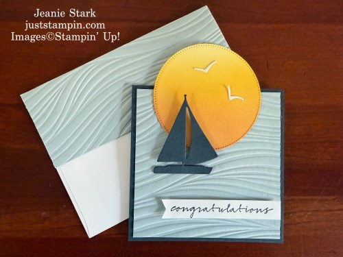 Stampin' Up! Sunrise Sailing congratulations card idea with Soft Waves 3D embossing folder and sponging technique with blending brushes-Jeanie Stark StampinUp