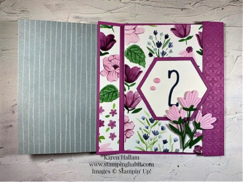 Stampin' Up! Florals in Bloom Double Flap Fun Fold birthday Card idea with Alphabet A La Mode & Meant To Be Dies-visit juststampin.com for handmade inspiration and more-Jeanie Stark StampinUp